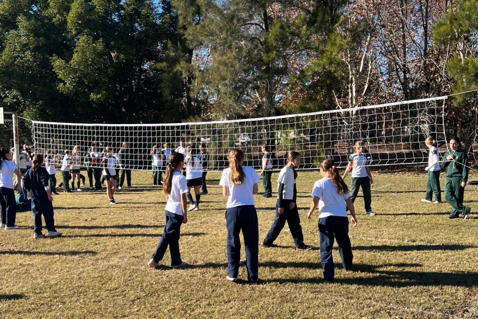 Estudiantes jugando al vóley en un torneo del Polo, con una red y árboles de fondo
